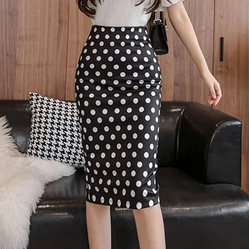 Eleganter Polka-Dot Bleistiftrock – Weißer & Schwarzer High-Waist Rock im Koreanischen Stil